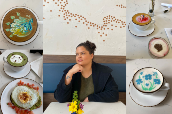 Collage of woman sitting at a cafe table surrounded by photos of lattes and food
