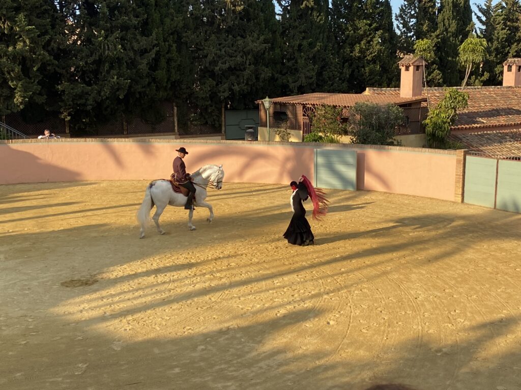 Flamenco dancer dancing alongside a horse and rider in Andalusia Spain
