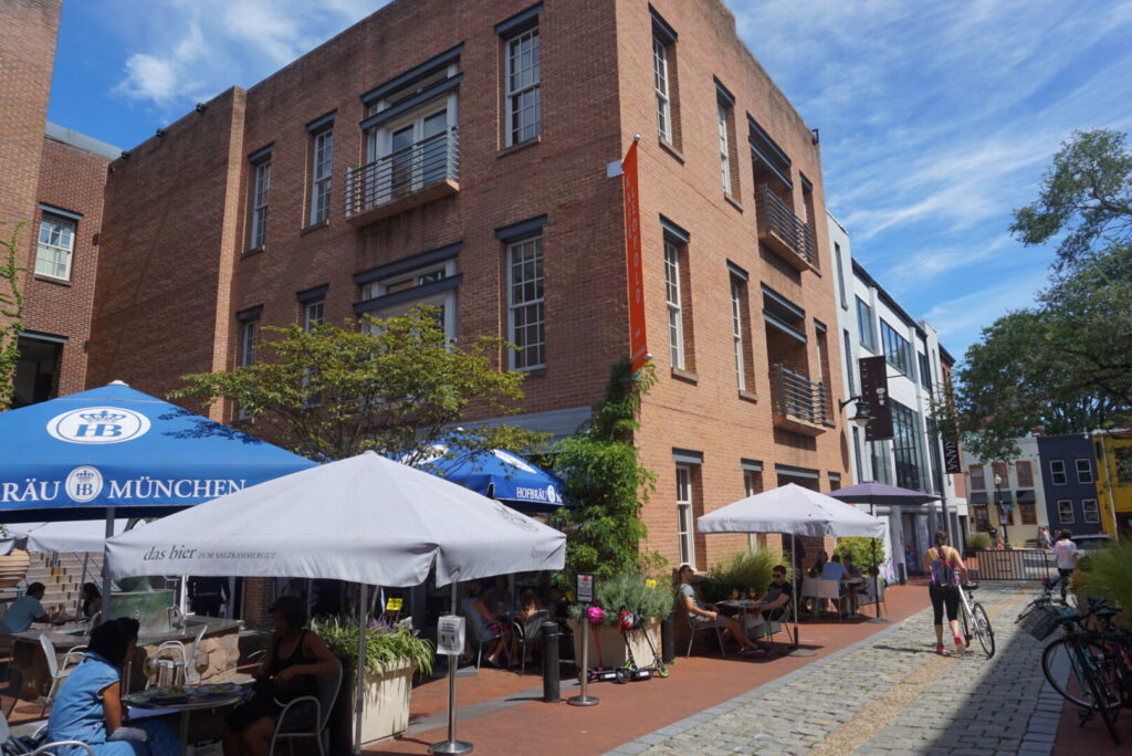 Brick buildings and outdoor seating in  the Georgetown neighborhood of Washington DC