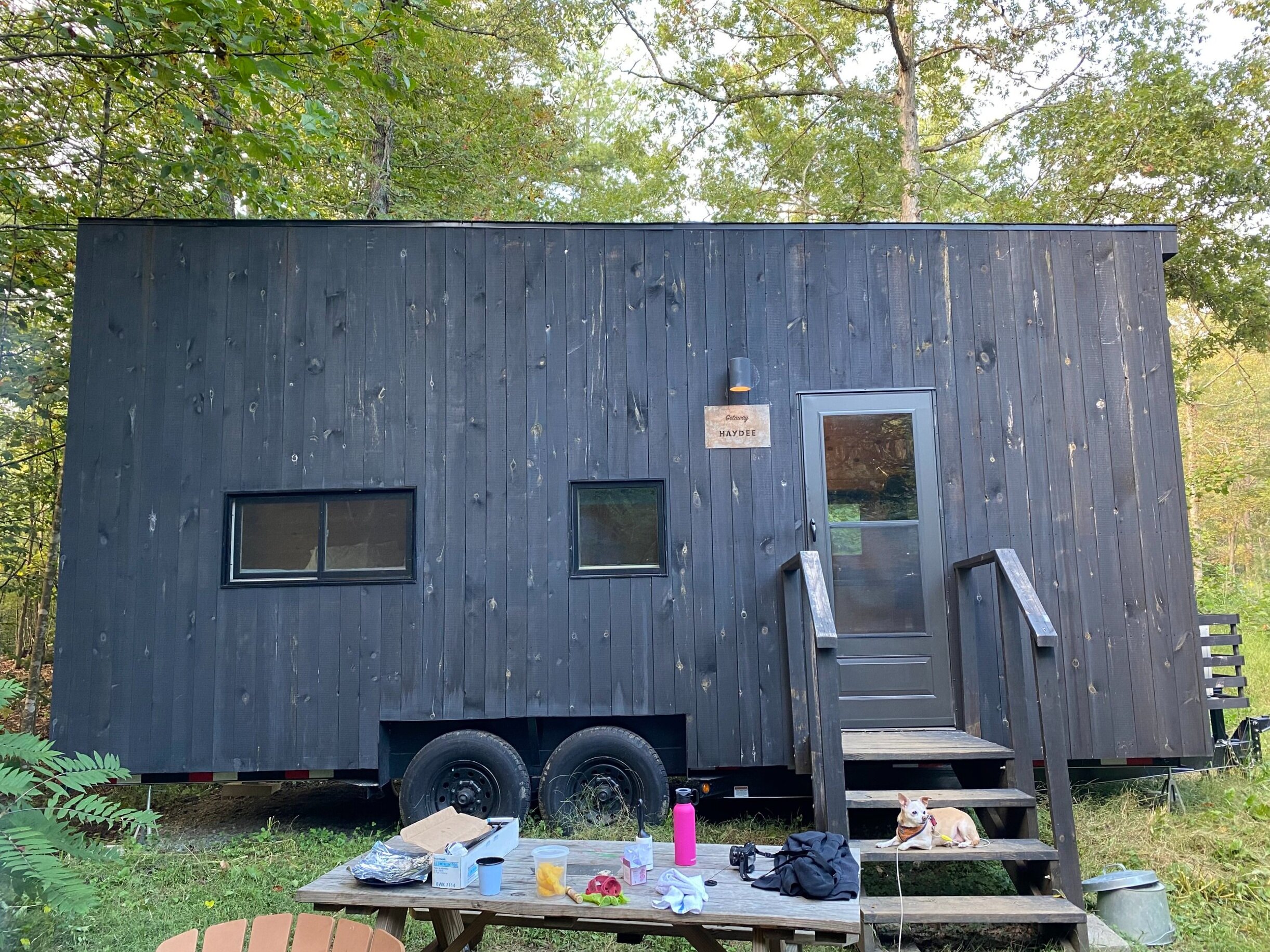 A wooden tiny cabin on wheels in the woods with a picnic table outside