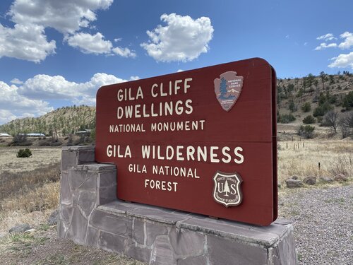 Entrance road sign to the Gila Cliff Dwellings in New Mexico