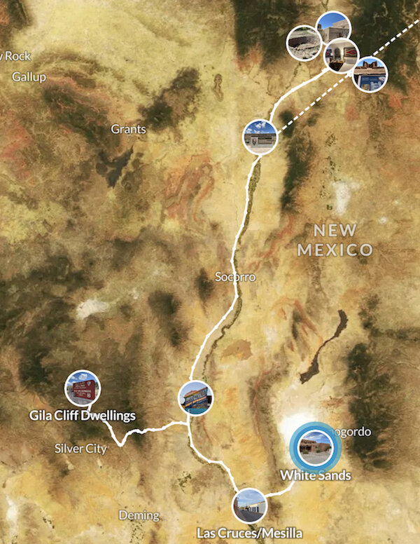 Terrain map of New Mexico road trip route