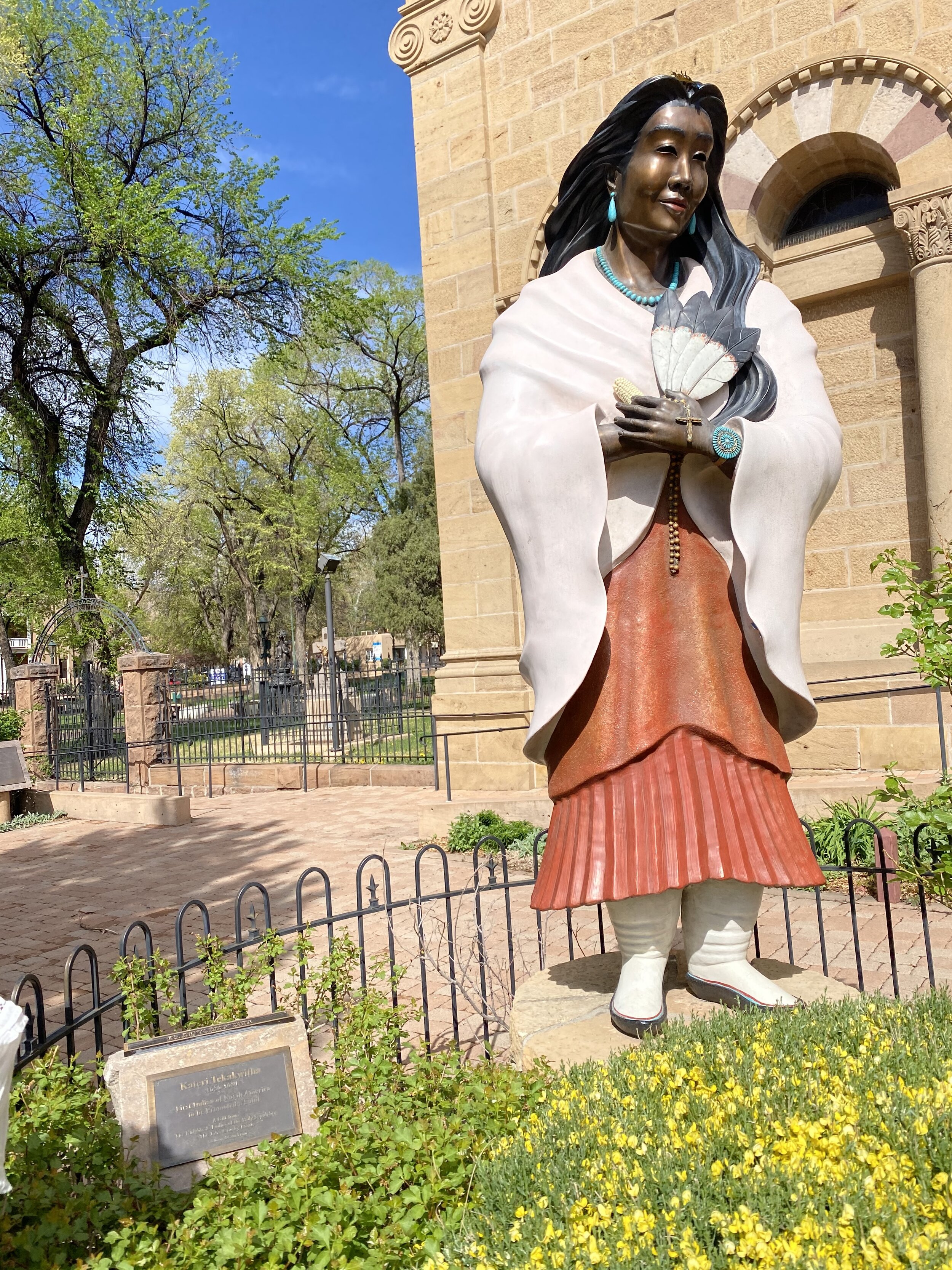 Statue of first Native American Catholic saint in front of church in Santa Fe, New Mexico