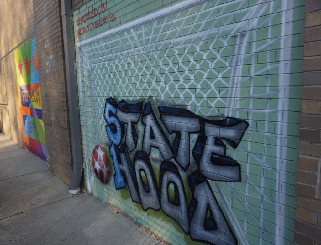Washington DC street mural of a soccer net with the word Statehood on it