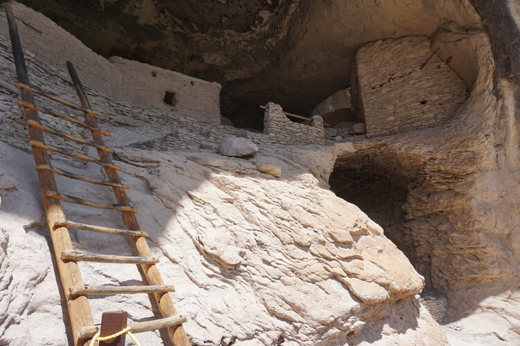Ancient New Mexico cliff dwelling with wooden ladder up to caves