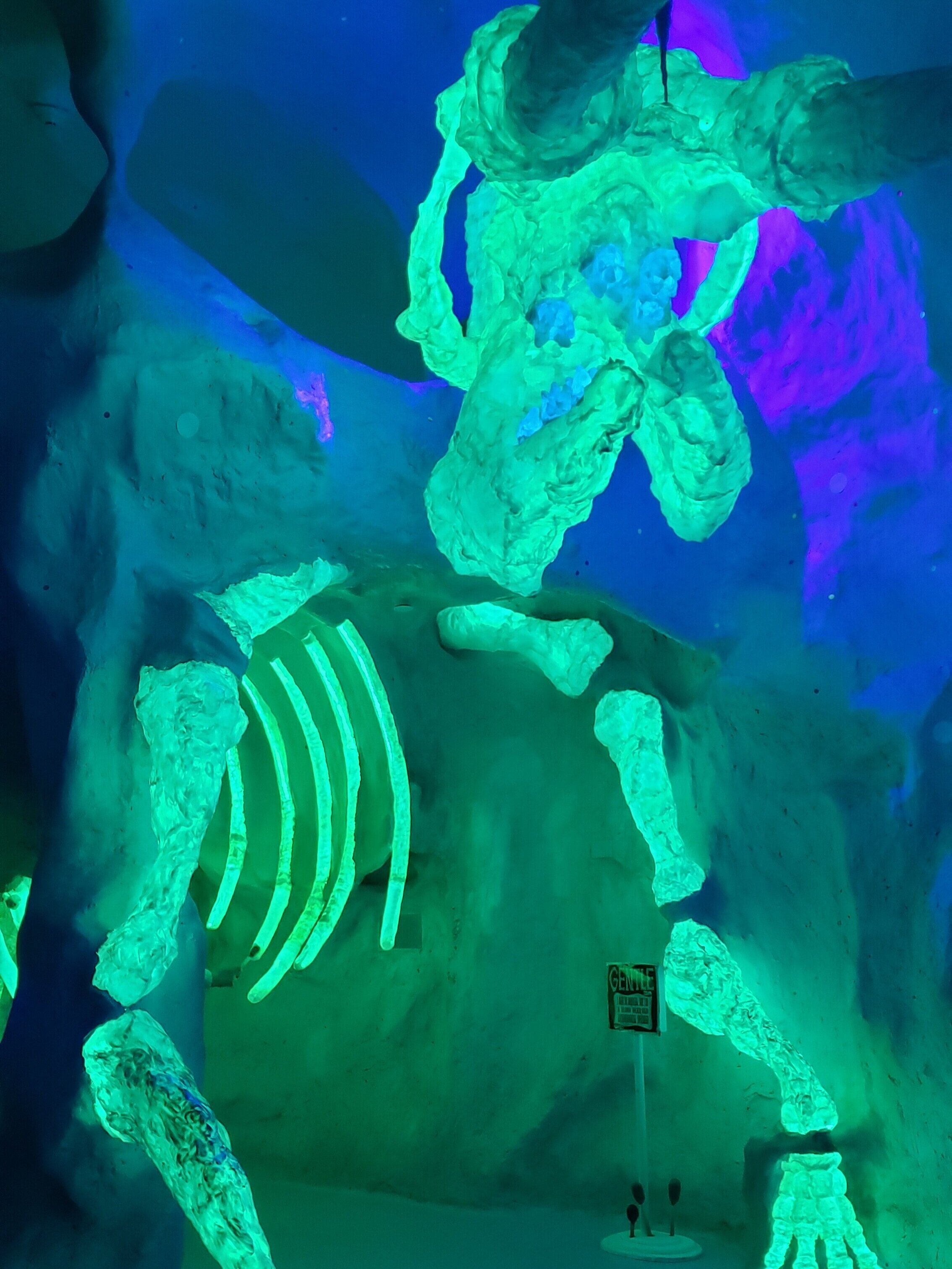 Green fluorescent art exhibit of a fake dinosaur skeleton