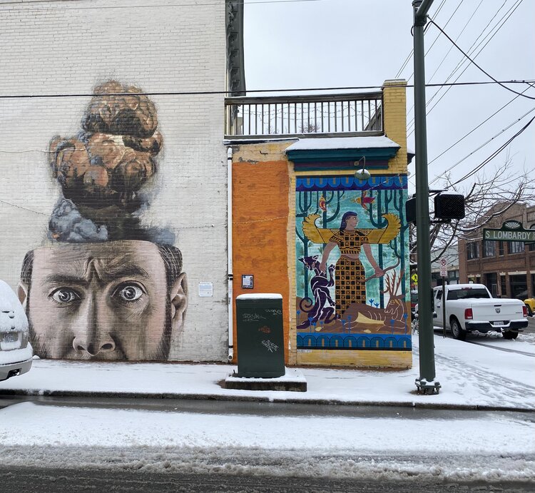 Murals on a snowy street in Richmond Virginia