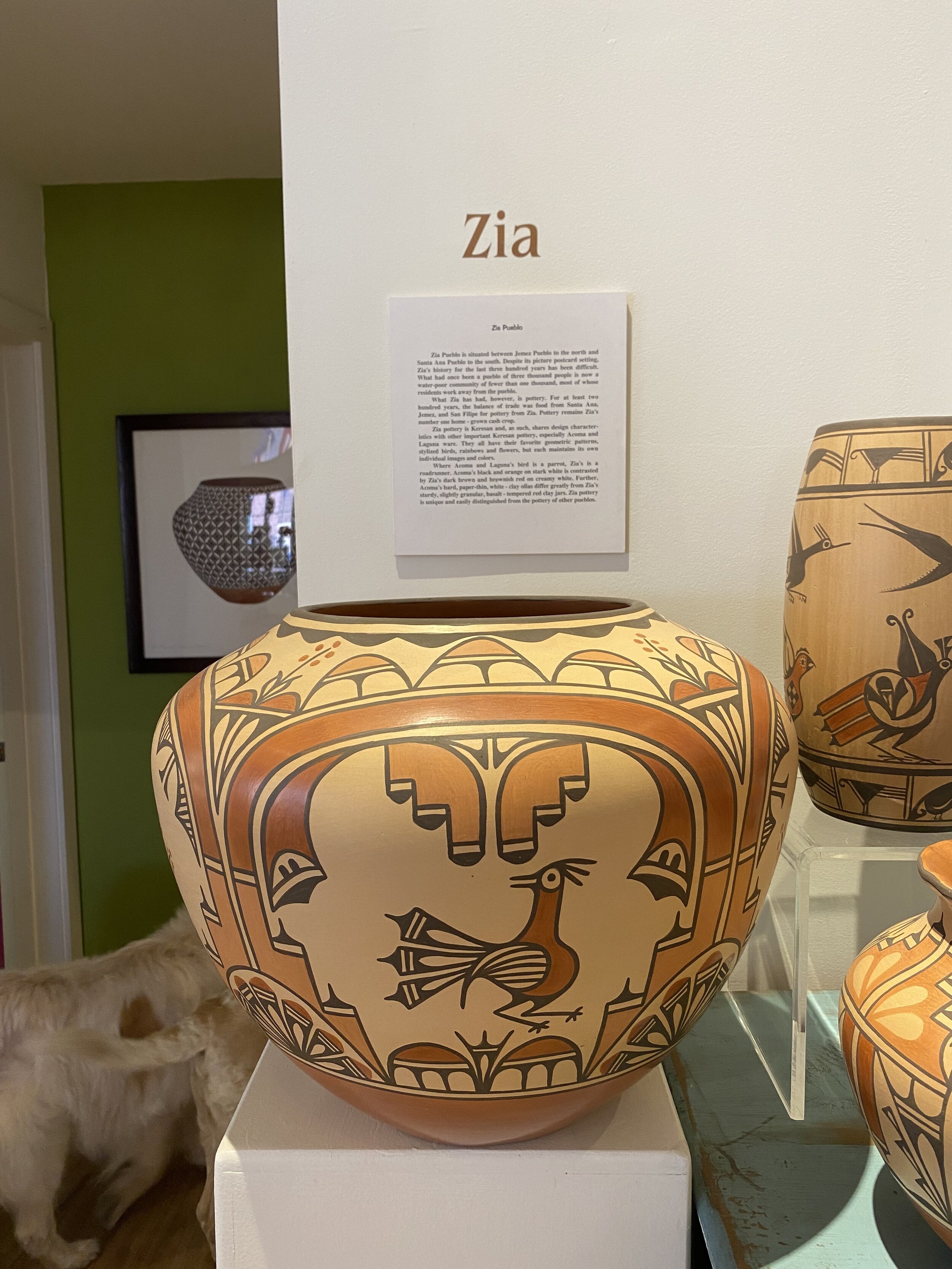 Large handmade Native American pottery displayed in a Santa Fe, New Mexico art gallery
