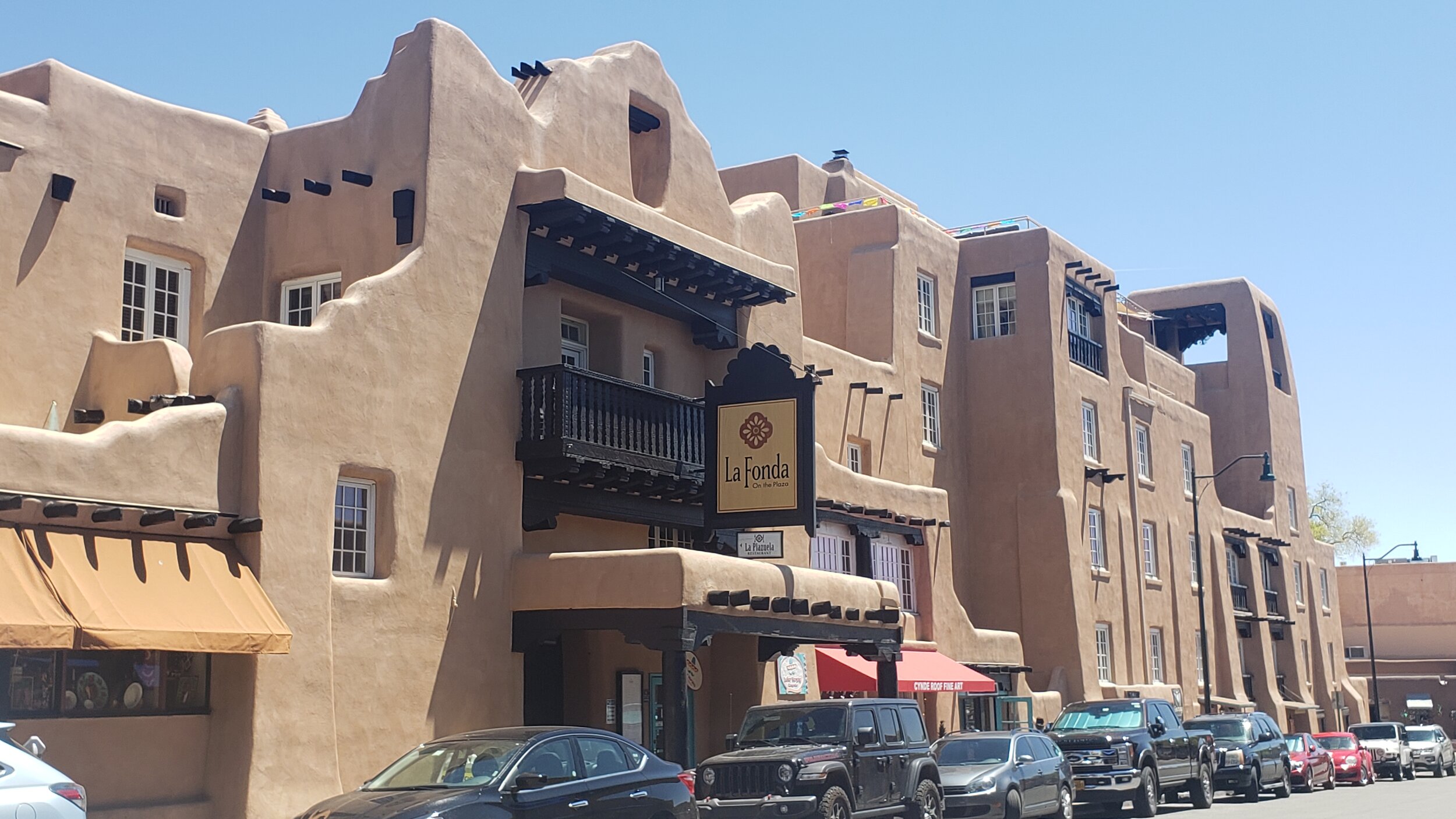 Large adobe building in downtown Santa Fe, New Mexico