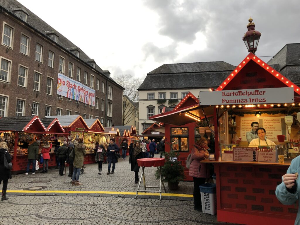 Multiple Christmas market stalls in Dusseldorf, Germany