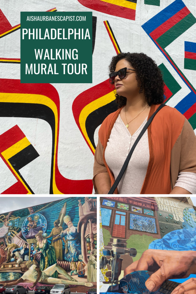 Collage of three street murals in Philadelphia, one with a woman posing in front of it