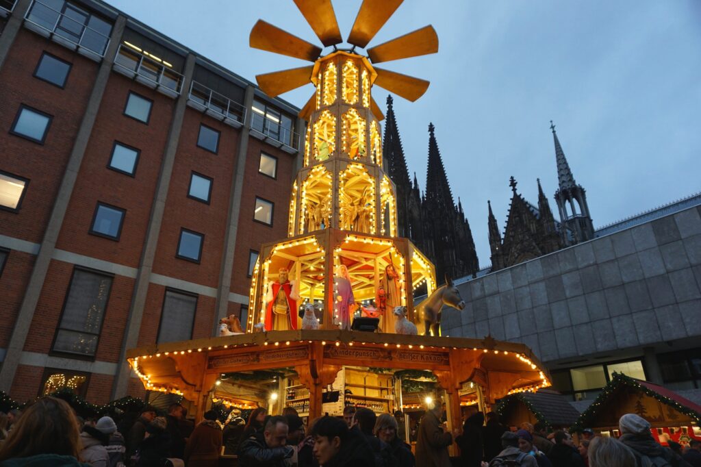 Christmas pyramid at the center of a Christmas market in Cologne, Germany
