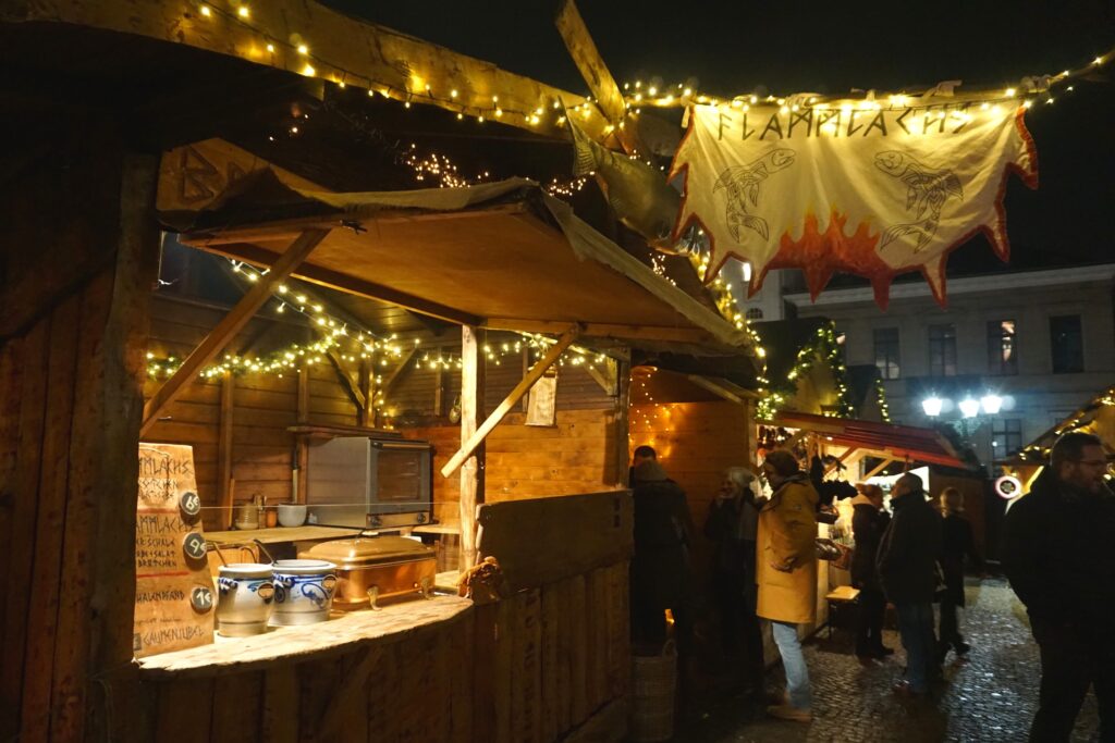 A Christmas market booth with a medieval theme