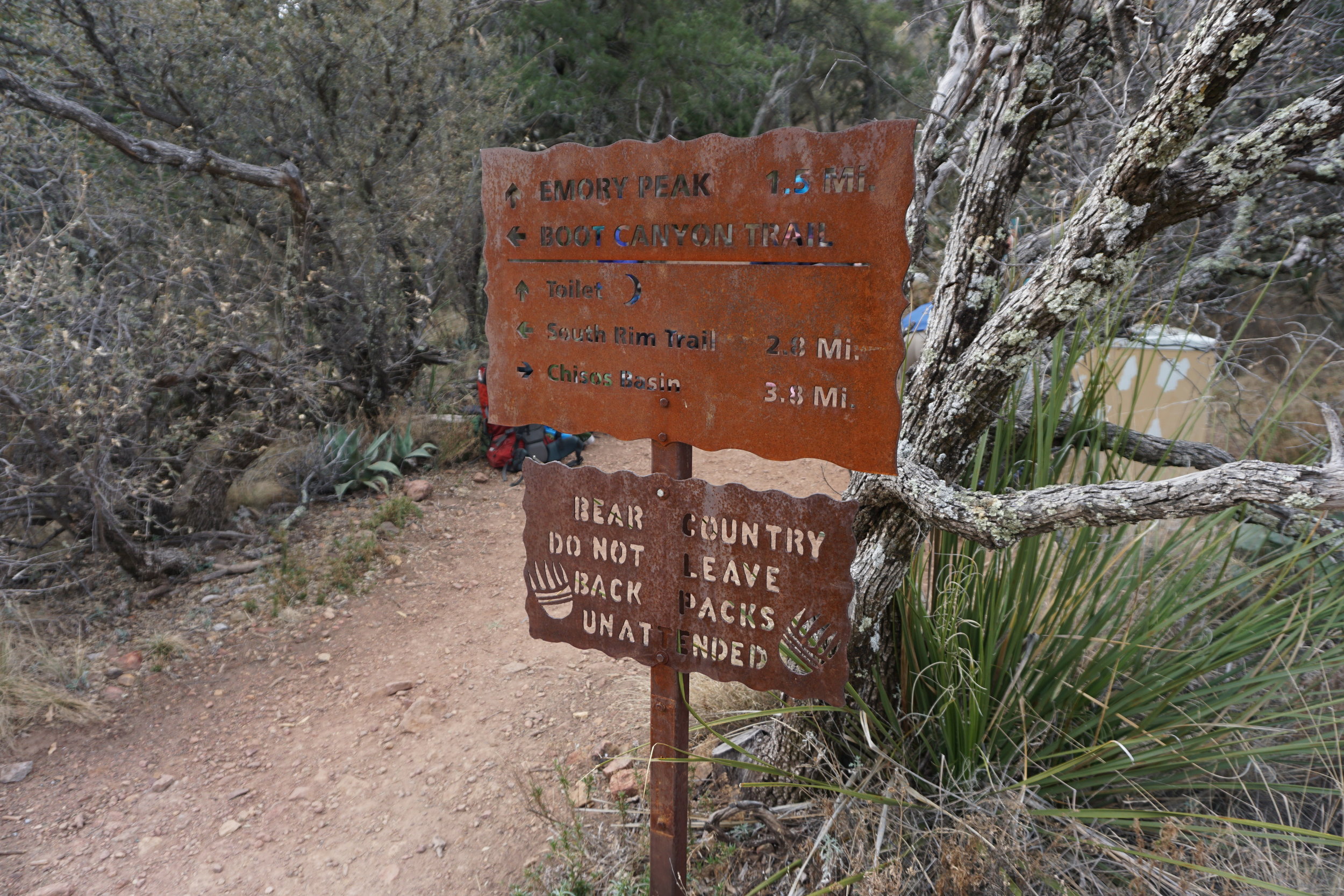 Sign on hiking path to Emory Peak in Big Bend Texas