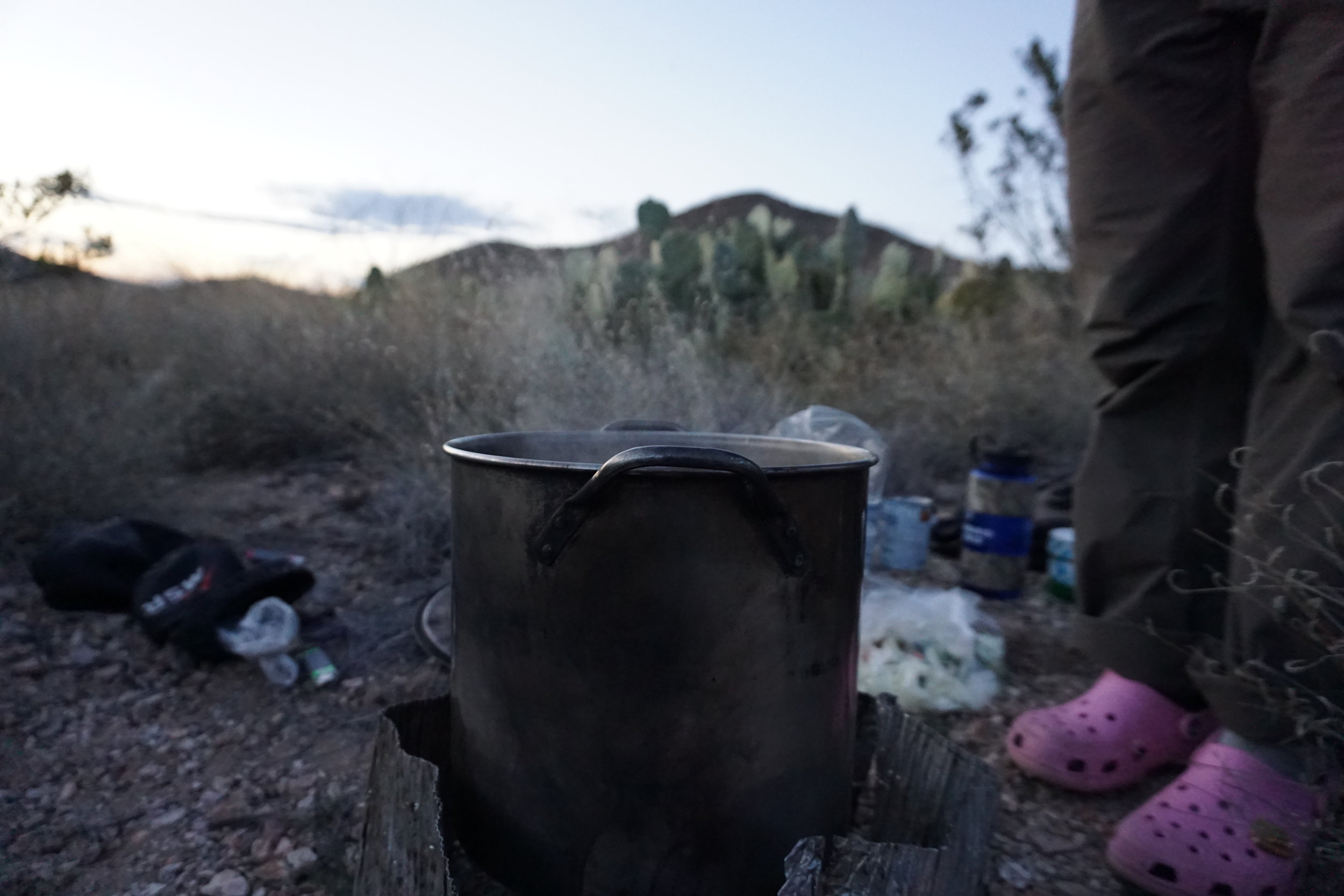 A cooking pot on the ground in Texas desert