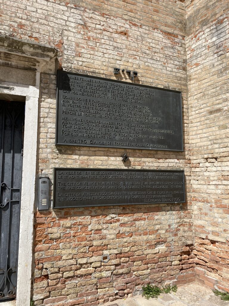 Jewish history plaque on a wall in the Cannaregio neighborhood of Venice Italy