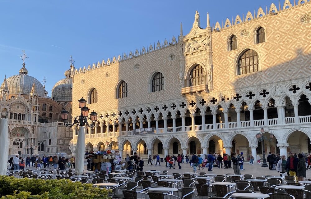 Doge's Palace and a basilica in Venice Italy plaza