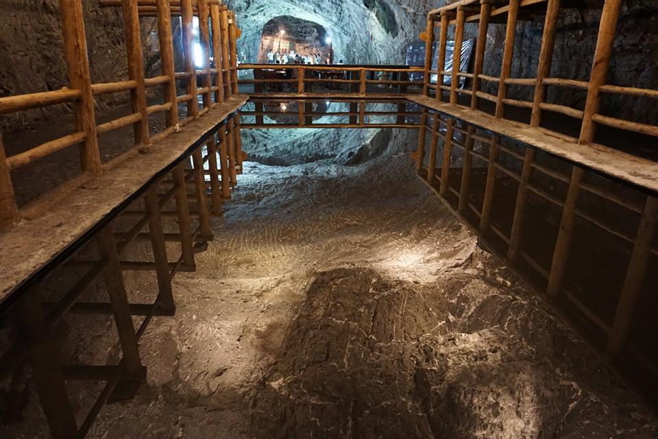 Saltwater pool reflecting the ceiling in Colombia's Zipaquirá Salt Mine