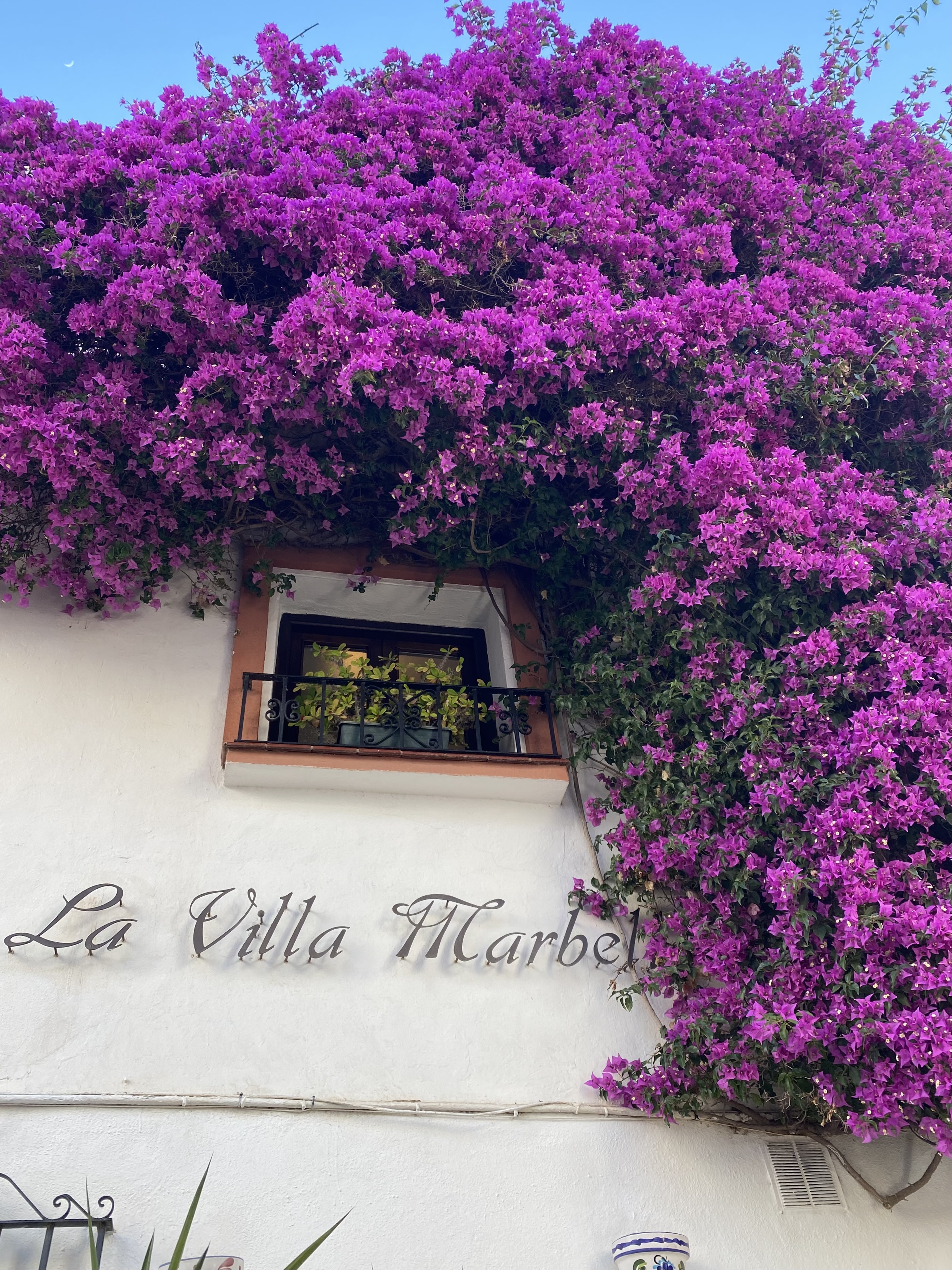 White wall with a sign saying La Villa Marbella and partially covered in purple flowers