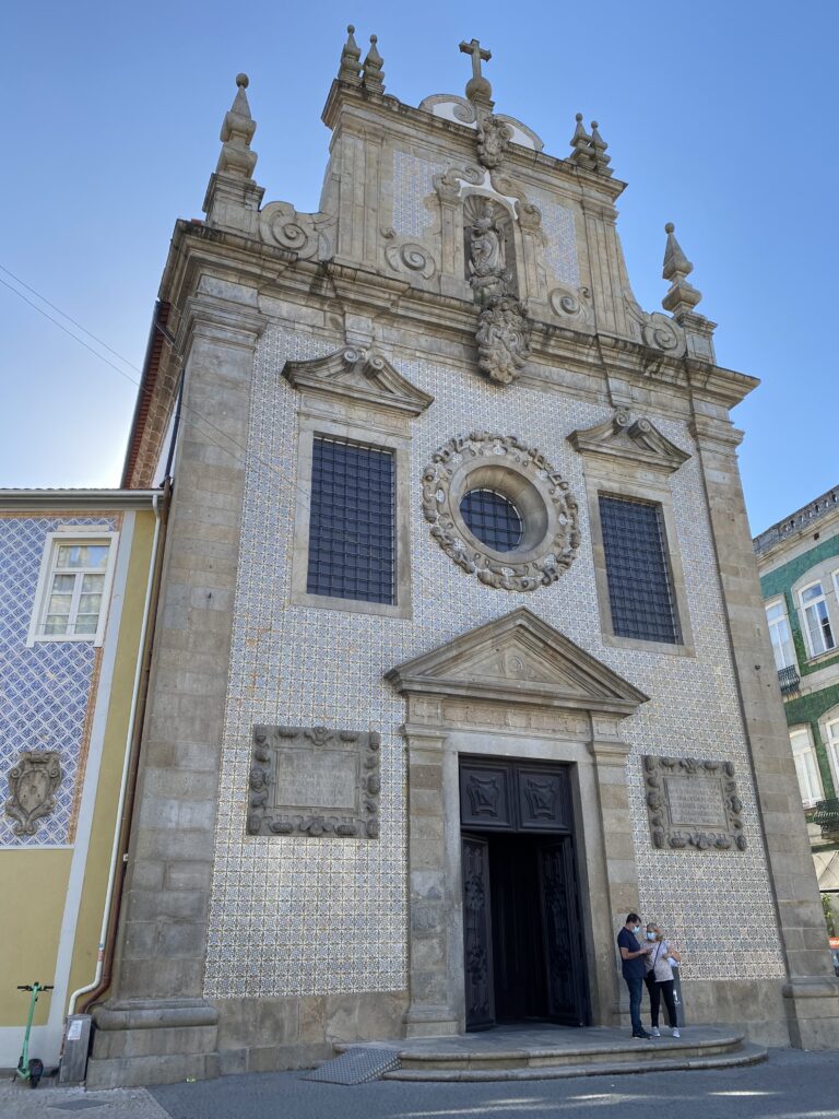 Tile facade of historic church in old town Braga Portugal