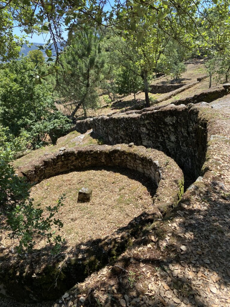 Circular Iron Age stone ruins among trees on a Portugal mountaintop