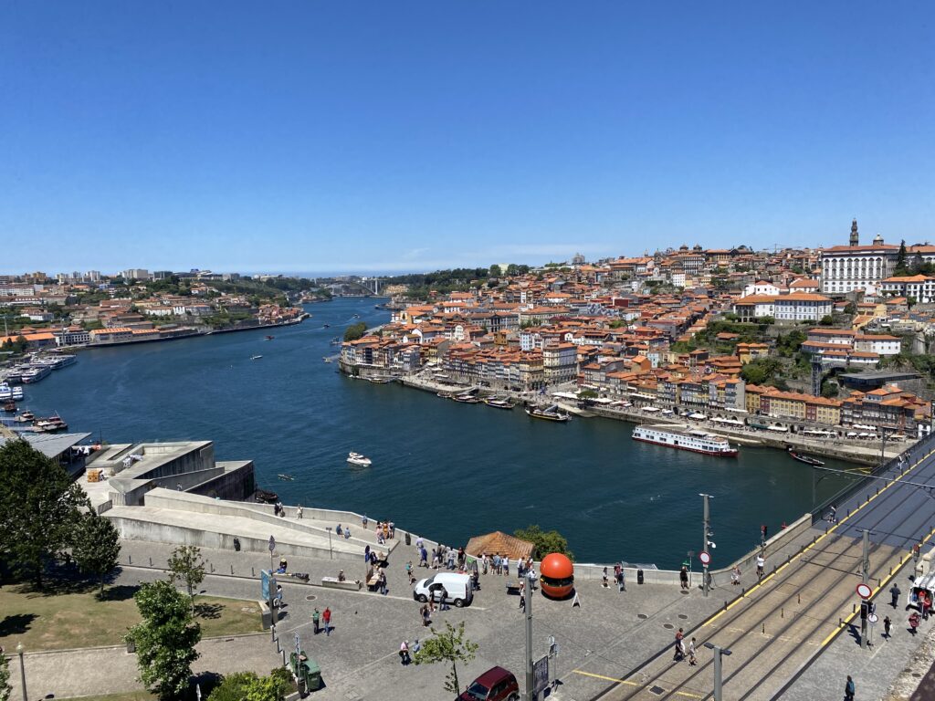 Overhead view of the Douro River and Porto city Portugal