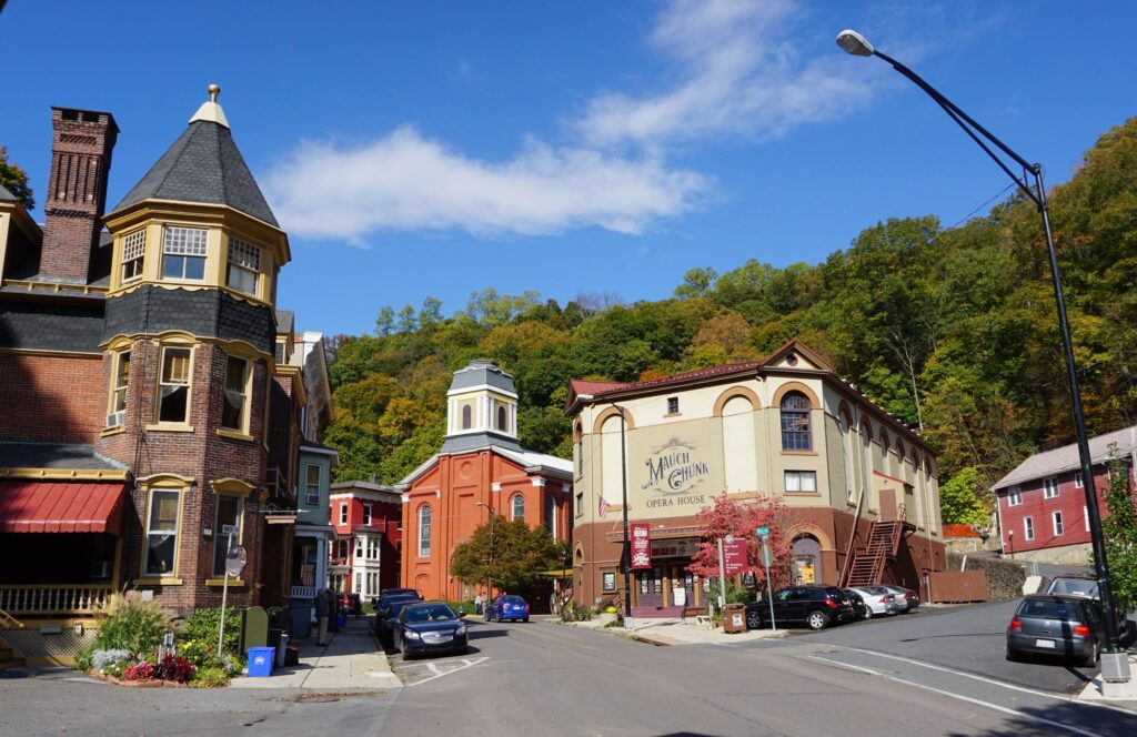 Downtown area of Pennsylvania mountain town surrounded by fall foliage