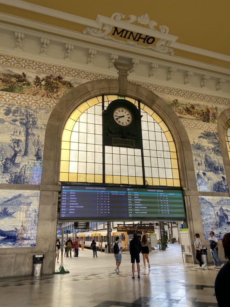 Main Porto Portugal train station entrance with tile decorations on wall