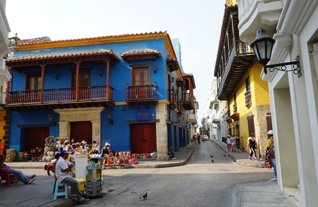 Blue Spanish-style buildings in historic old town neighborhood