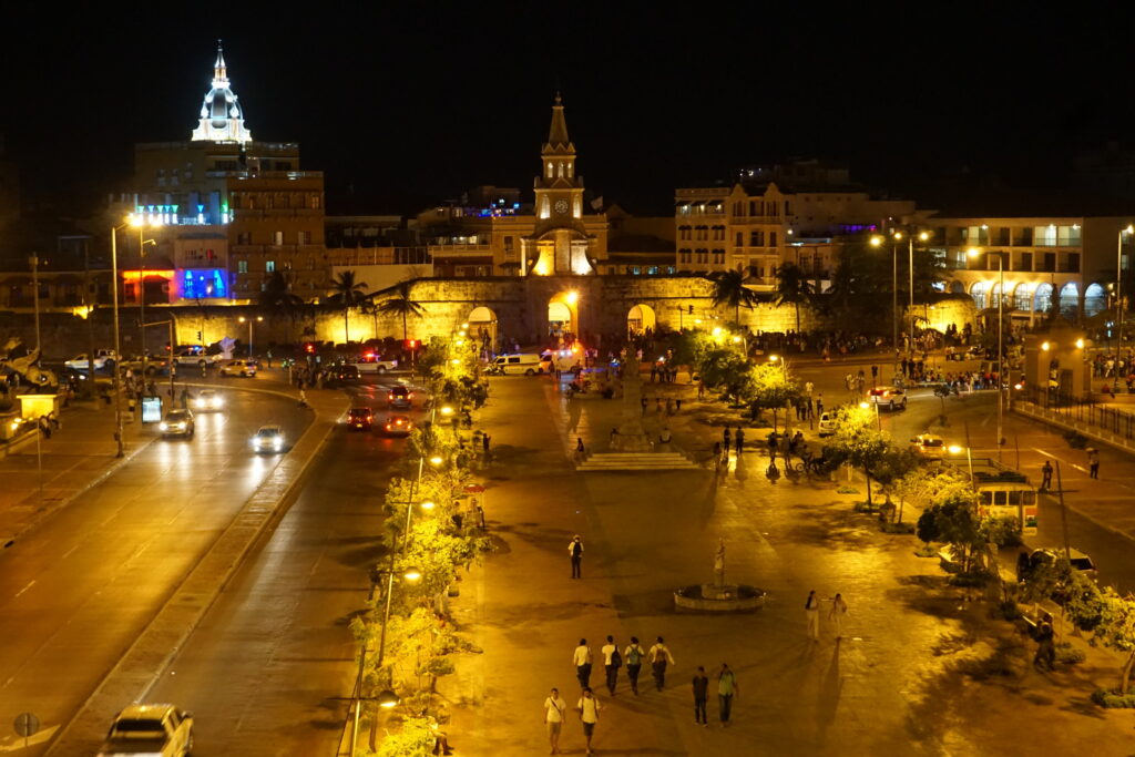 Nighttime view of the Cartagena Colombia historic center from a plaza outside its walls