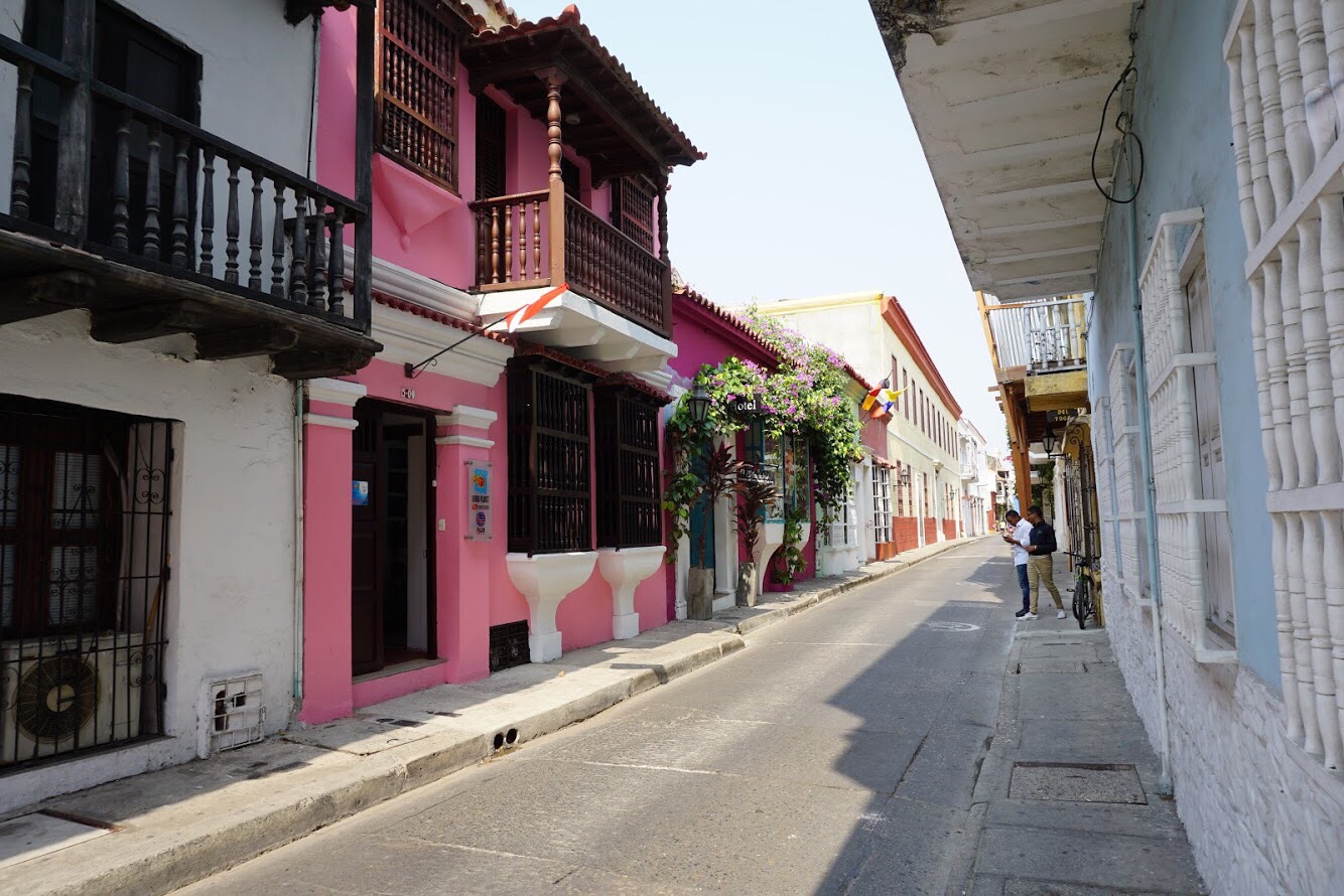 Pink Spanish-style buildings in historic old town neighborhood