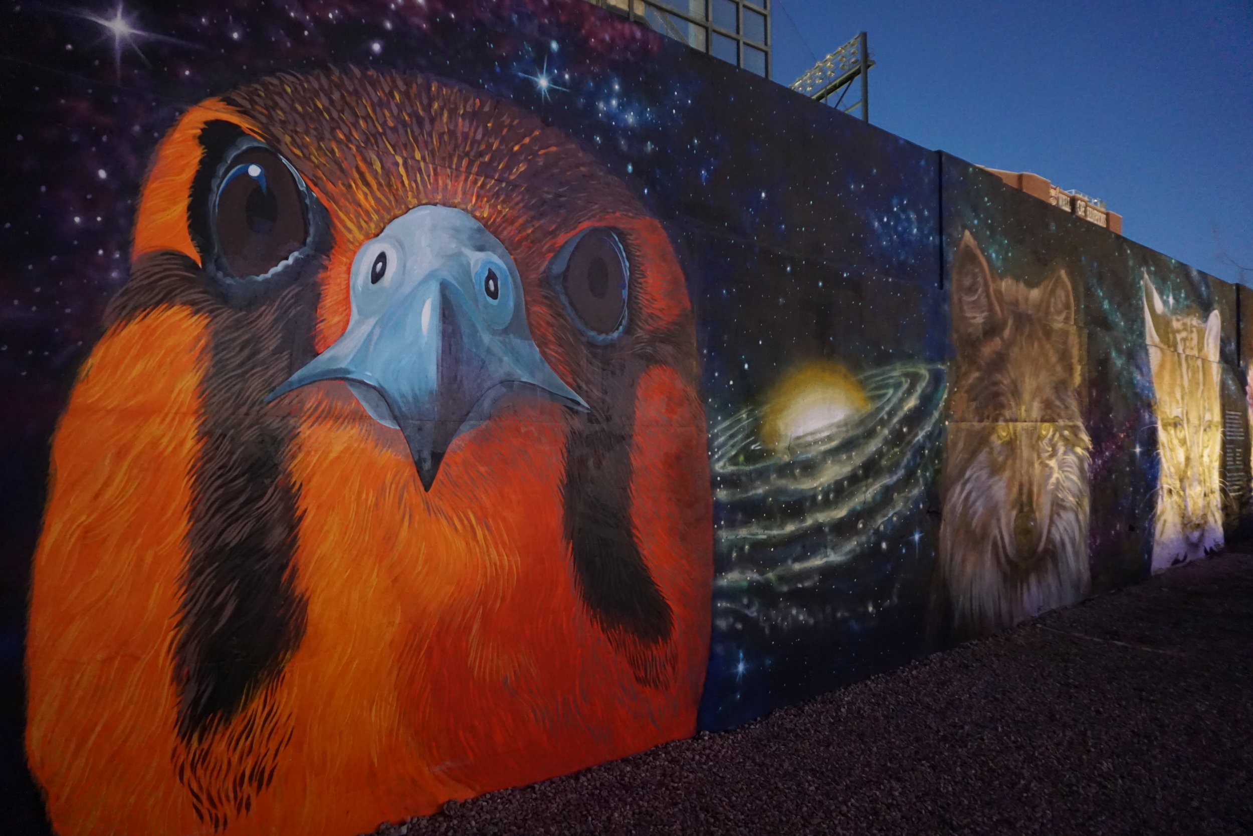 Street art of an orange bird and other animals