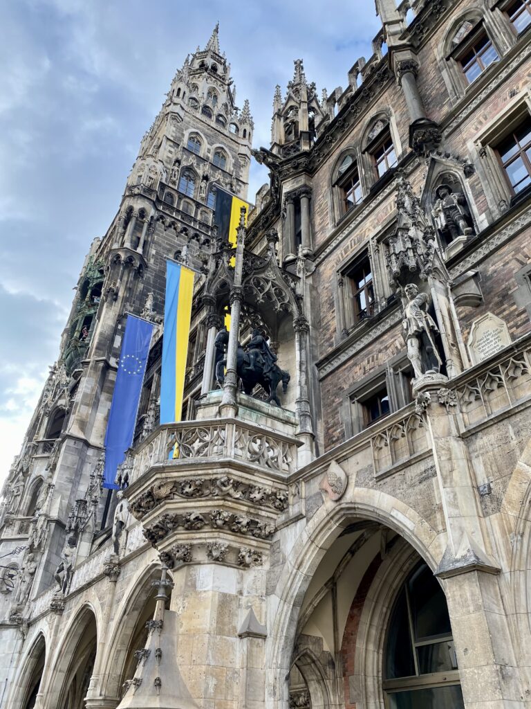 Close up of medieval style new town hall in Munich central plaza