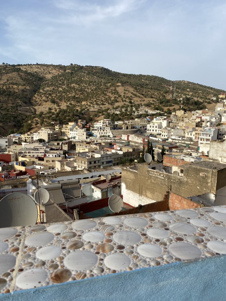 View of town and hills from a rooftop in Morocco