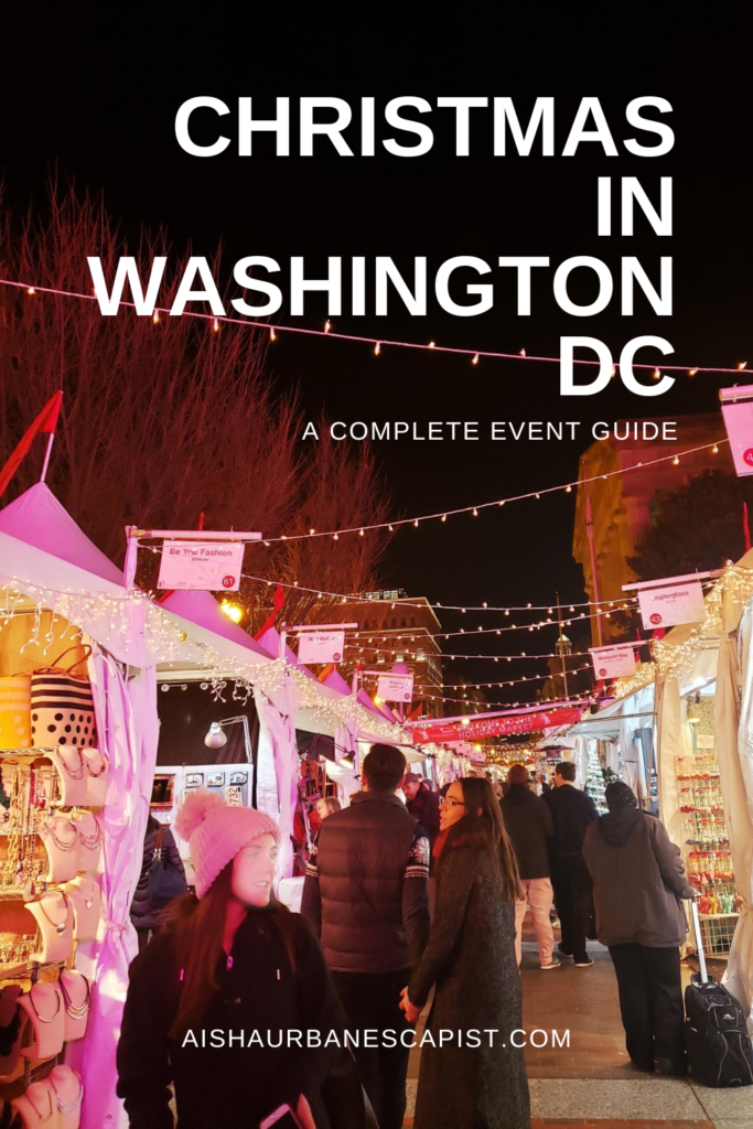 Shoppers walking through a holiday market with vendor booths and string lights with a heading that says Christmas in Washington DC