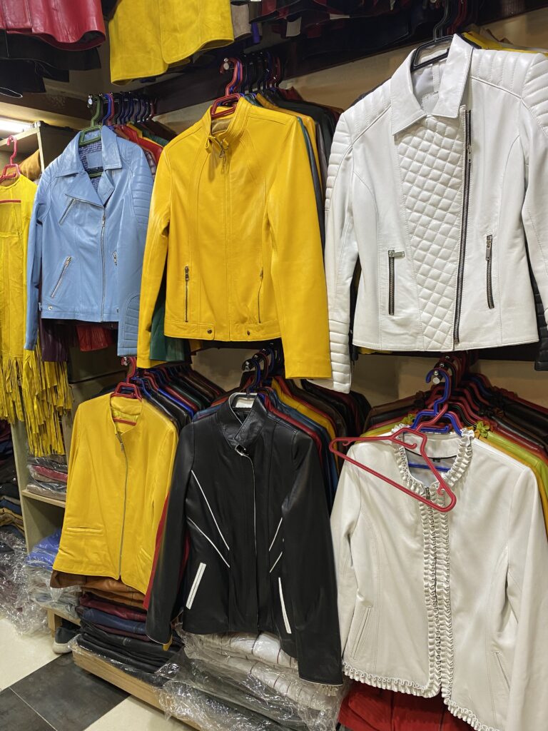 Wall display of multicolored leather jackets