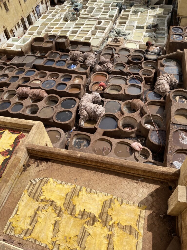 Honeycomb earth pits with workers dying animal skins in Fez Morocco