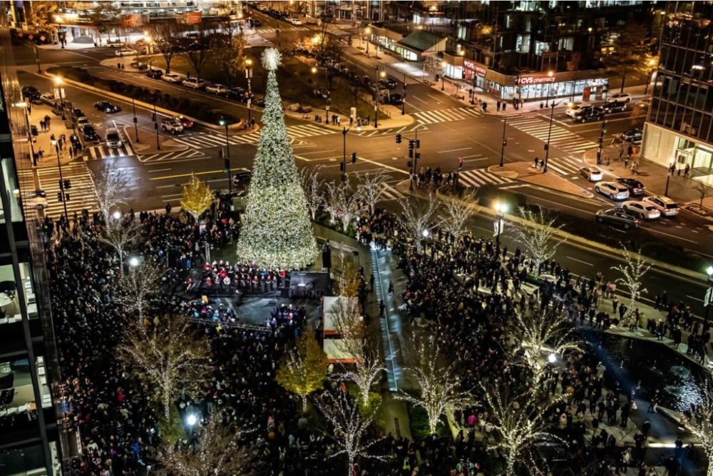 Tall Christmas tree in Washington DC surrounded by a crowd and holiday lights
