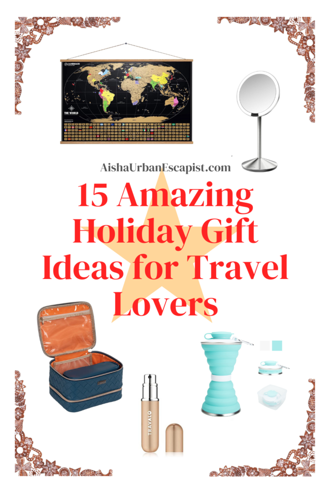 Graphic showing photos of holiday gift ideas for travel lovers with festive border