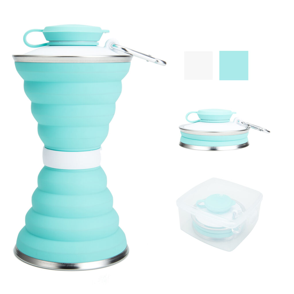 Turquoise collapsible water bottle shown at full size and collapsed size holiday gift ideas for travel