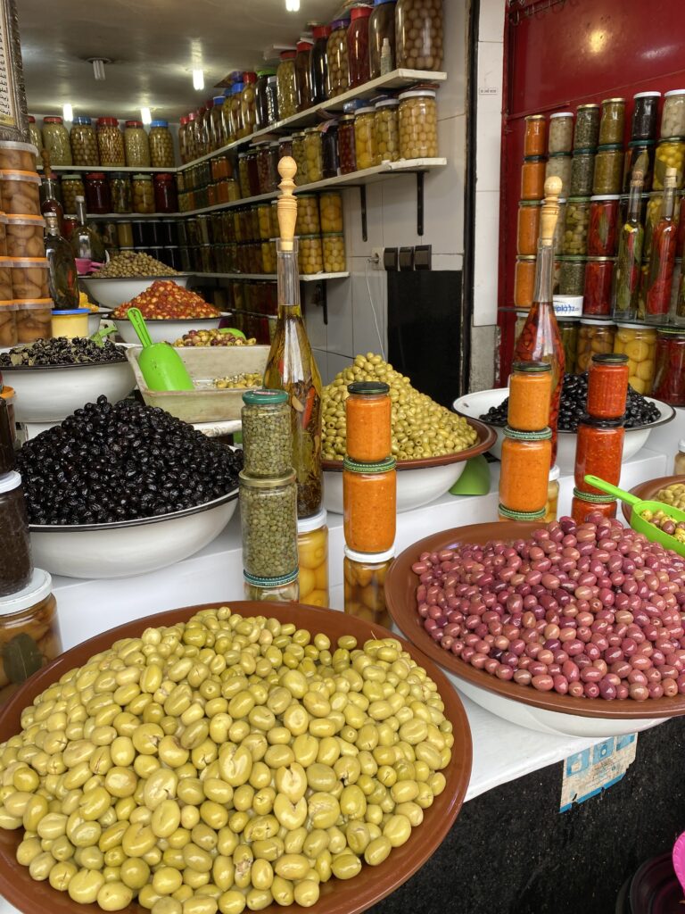 Bowls of olives displayed in the Marrakesh medina