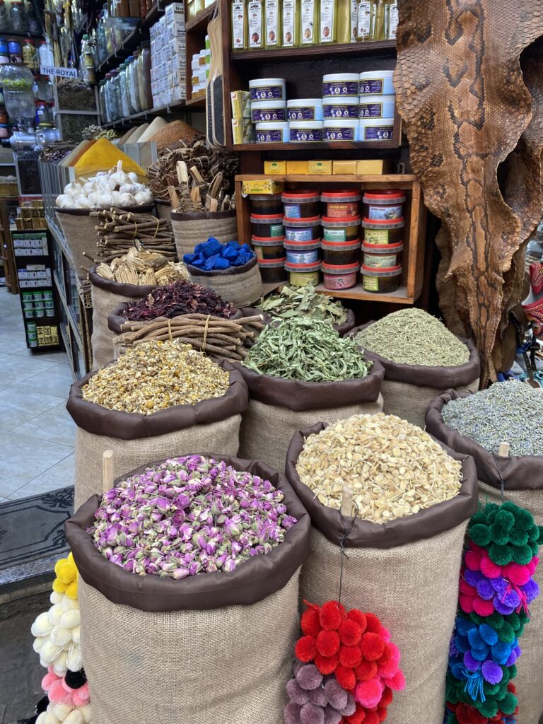 Bags of spices displayed in the Marrakesh medina