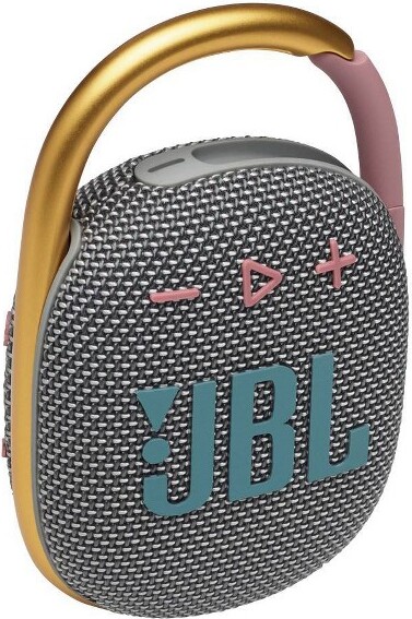 Multicolored gray, gold, pink, and blue bluetooth speaker with clip feature