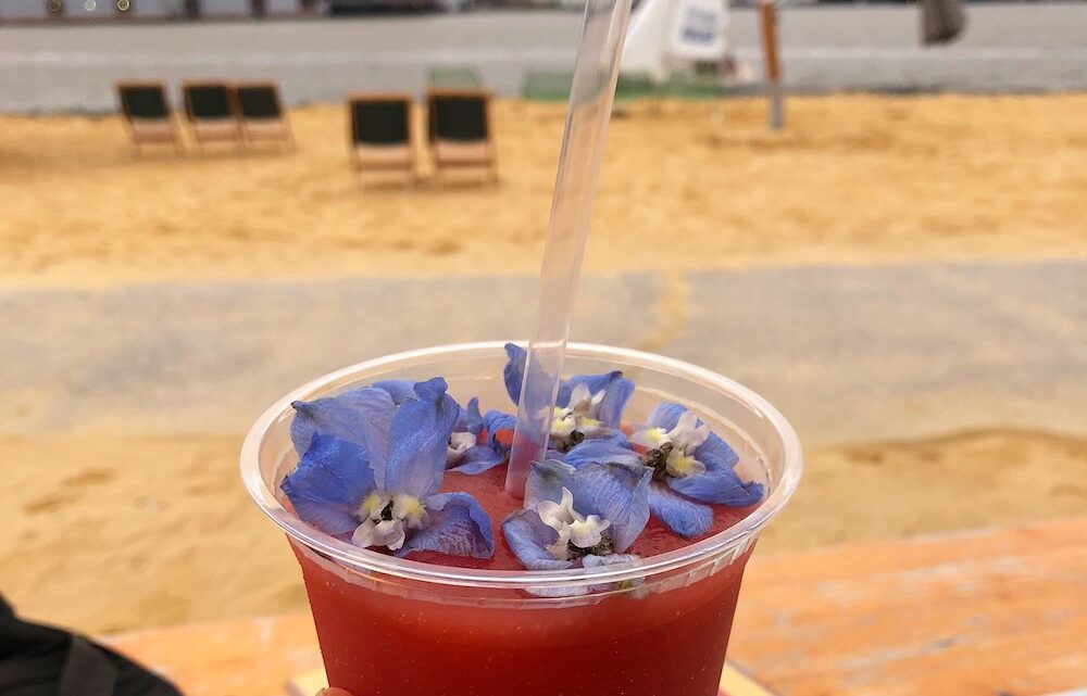 Hand holding a crushed ice wine drink decorated with purple flowers in a plastic cup.