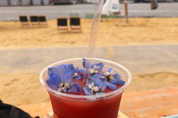 Hand holding a crushed ice wine drink decorated with purple flowers in a plastic cup.