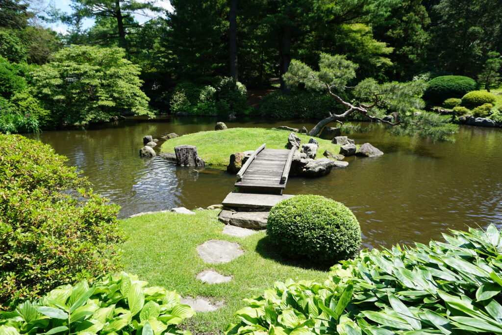 Bridge over a koi pond in a Japanese garden