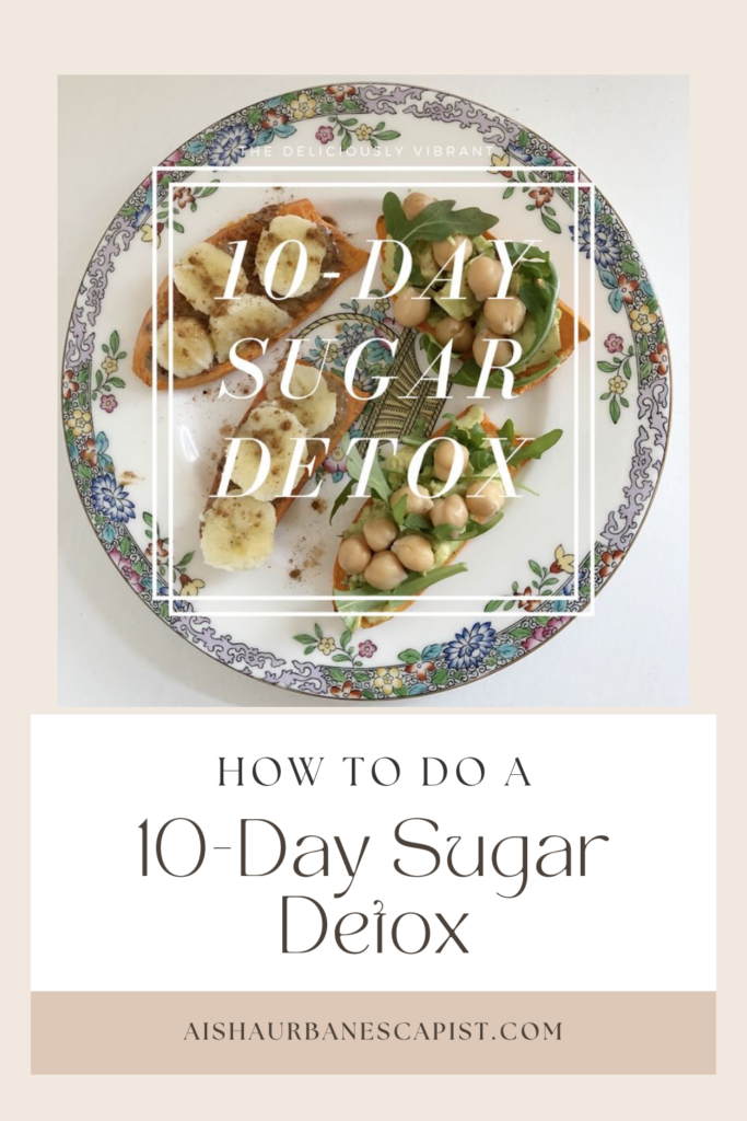 Graphic showing a plate with sweet potato avocado toasts on it and the title How to do a ten day sugar detox.