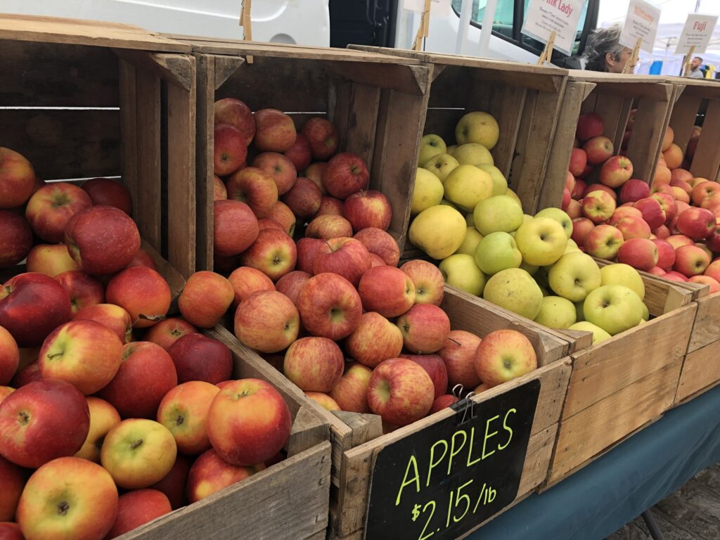 Display of apples for sale at farmers market in Baltimore