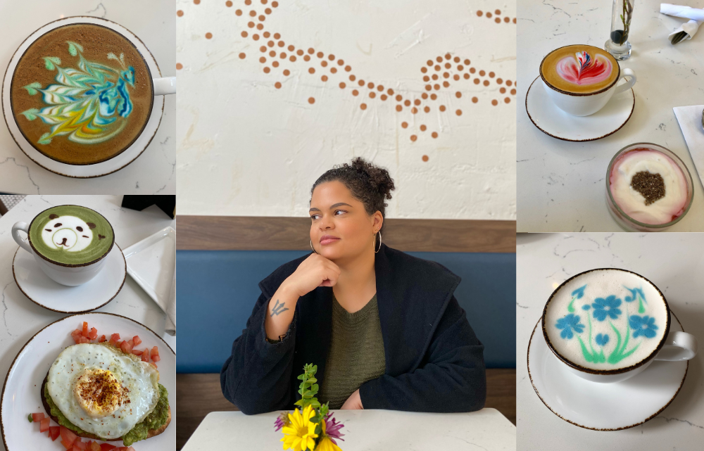Collage of woman sitting at a cafe table surrounded by photos of lattes and food