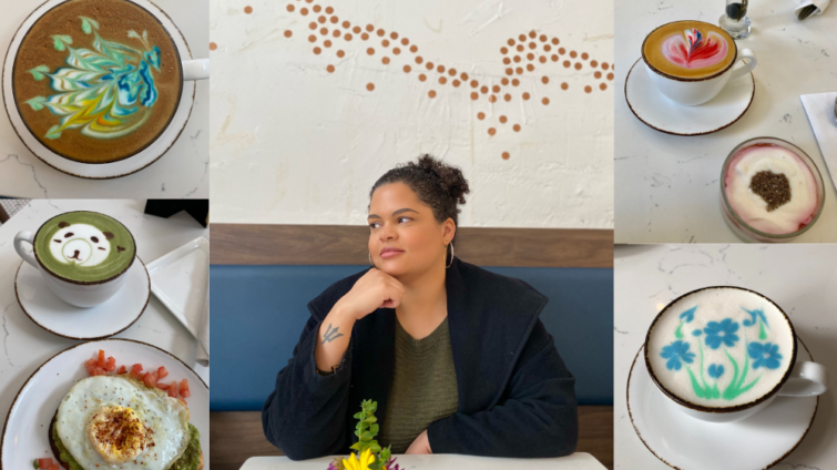 Collage of woman sitting at a cafe table surrounded by photos of lattes and food